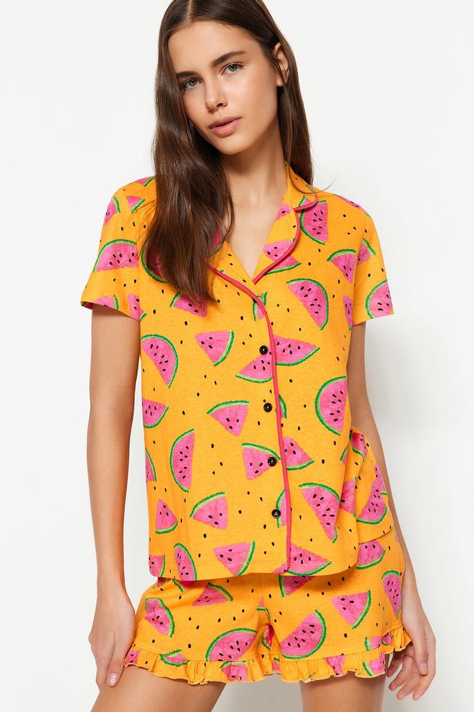 Women's Style Homewear Sleepwear White Multicolored 100% Cotton Fun Patterned Knitted Pajama Set