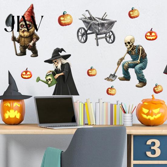 Removable Seasonal Wall Clings Halloween Sticker, Pumpkin Witch Skeleton Printed, Self-adhesive Waterproof Decals PVC Decals, for Autumn Harvest Farm