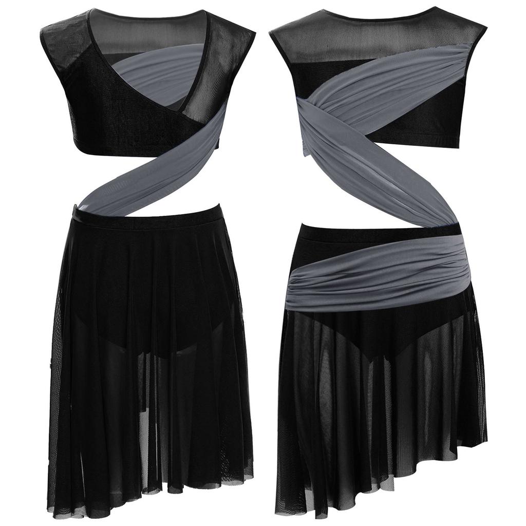 Платье для лирического танца для девочек, цельное, без рукавов, с прозрачной сетчатой вставкой, лоскутное, с асимметричным подолом, костюм для выступления