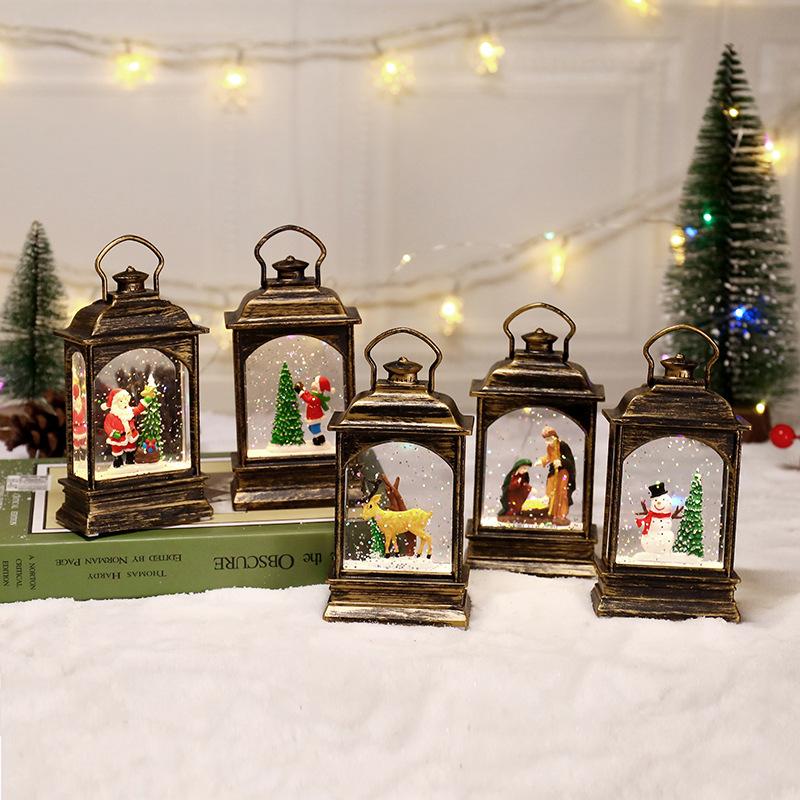 Christmas Decoration LED Plastic Glowing Santa Claus Interior Scene Water-Filled Flat Wind Lantern Tabletop Ornament Snowman