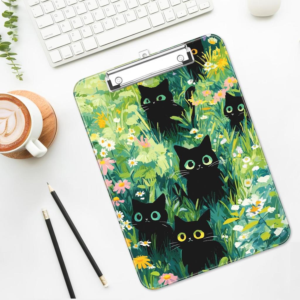 Plastic Cute Clipboard Low-Profile Metal Clip, A4 Letter Size 9 x 12.5 in, 8.5 x 11 Paper Clip Board for Teachers, Nurses, Classroom,Cute Black Cats
