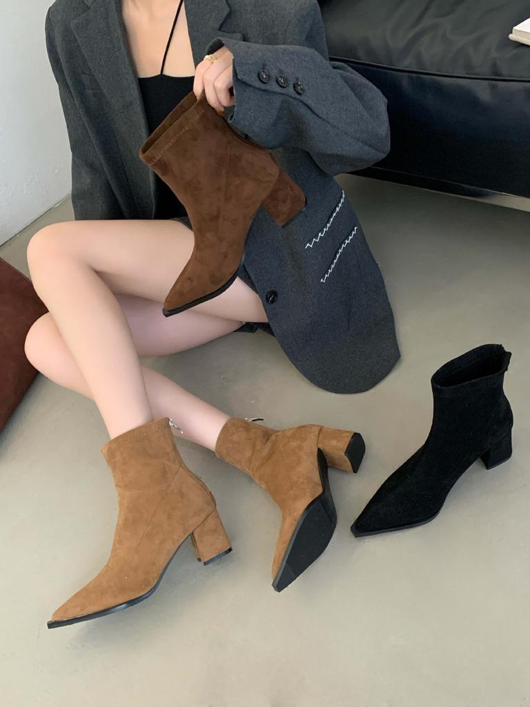 Остроносые короткие ботинки женские 2025 осень и зима новые женские ботинки толстый каблук короткие ботинки высокие каблуки нишевые ботинки замшевые тонкие ботинки