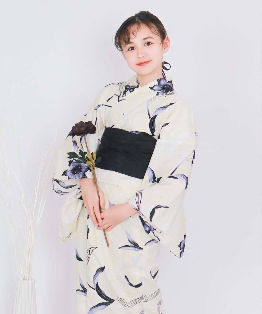 Юката Ecru Сменный комплект Heiko Junior Girls Black Age Feather Illusion [KYOETSU] Комплект, для девочек, E, плетение, 2 предмета (Юката, Оби), (130см, 4. Опрос)