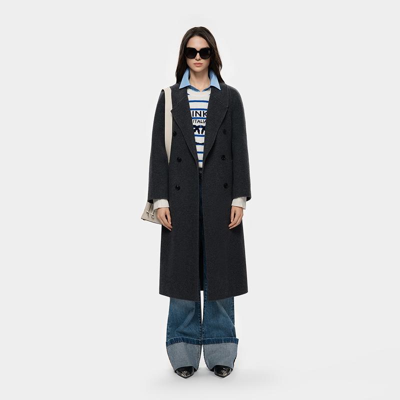 PINKO Autumn Winter Lightweight Luxury Commuter Double Breasted Waist Cinched Long Coat Women coats Dark-Gray PAF253408011P