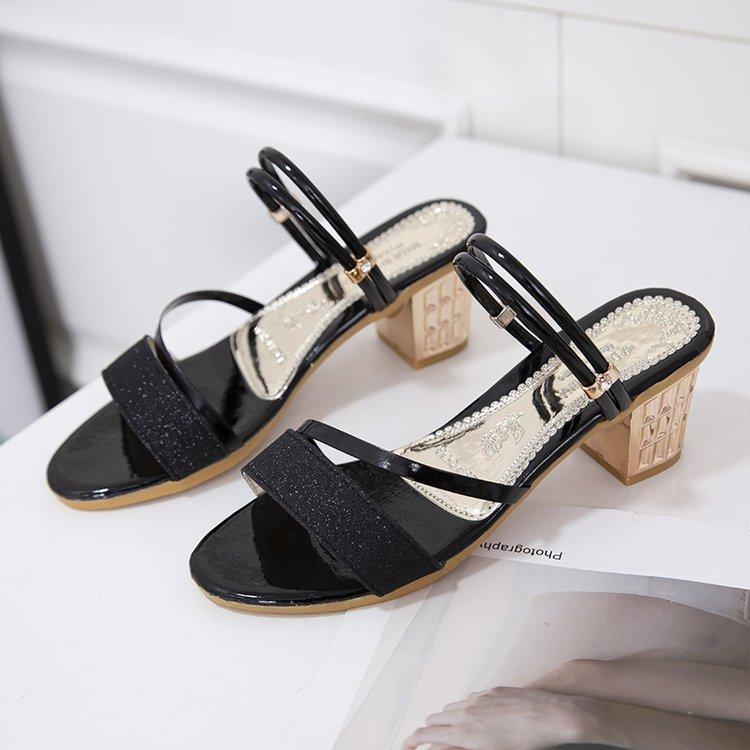 Temperament Lady with Skirt Mid-heel Sandals Woman 2025 New Thick Heel Fashion Sequins Two Wear One-word Buckle Sandals