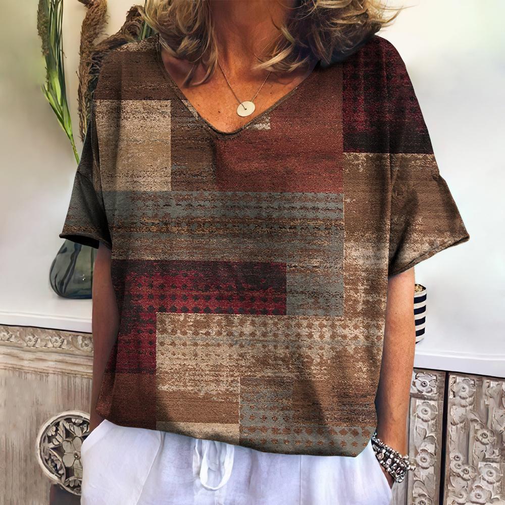 Summer Women's T-shirt Landscape V-neck T Shirt Ladies Fashion Short Sleeve Tops Retro Streetwear Fashion Clothes Female Casual