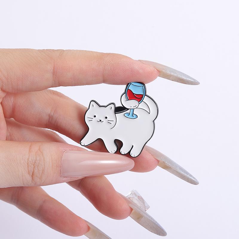 Wine Glass Cat Enamel Pins Custom Cat Drinking Brooches Lapel Badges Clothes Animal Jewelry Gift for Kids Friends