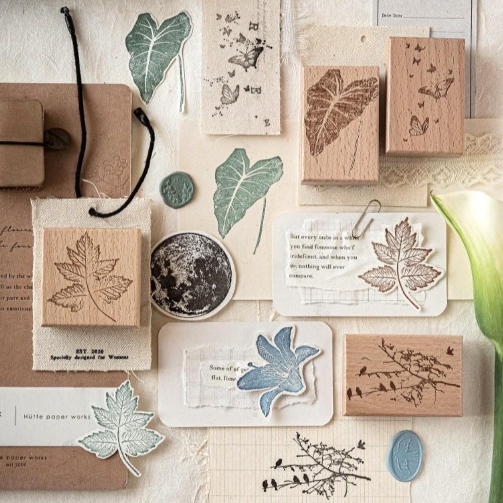 Wooden Rubber Craft Stamps Flower Butterfly Leaves Children Stamp Journal Stationery for Scrapbook