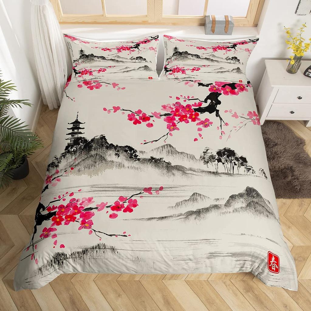 Crane Bedding Set Girl Cherry Blooming Fuji Mountain Sun Duvet Cover Kids Women Lotus Floral Comforter Cover Watercolor Decor