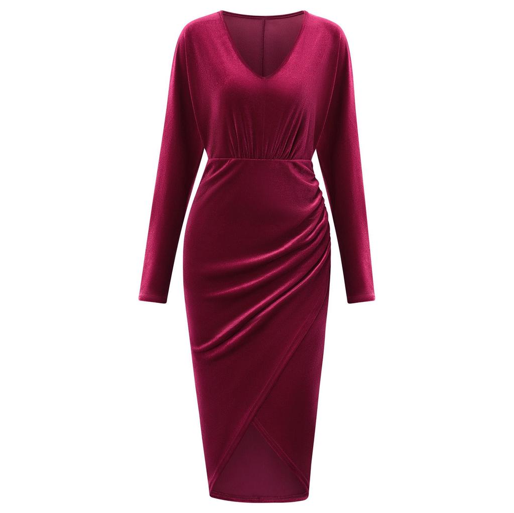 Зимнее повседневное платье с V-образным вырезом и однотонной талией из бархата для женщин