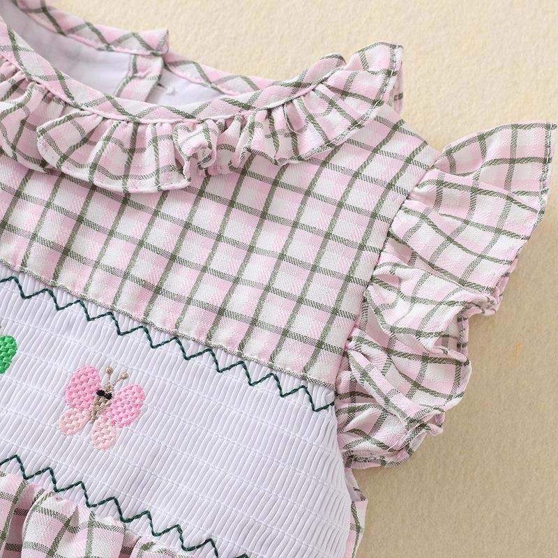Girls Summer Cotton Plaid Dress Cute Butterfly Embroidery Smocked Flutter Sleeve A Line Thin Princess Dress for Kids
