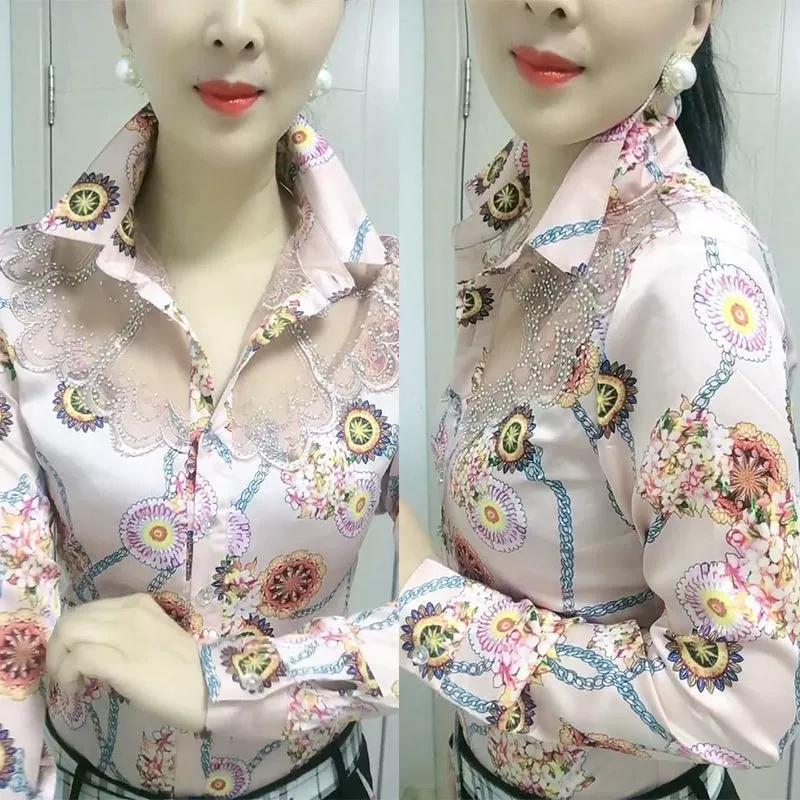 Blouse Tops Offce Lady Shirts Summer Lace Chiffon Shirts Women's Lapel Stitching Printing Buttons Female Blusas Chemises Fleurs