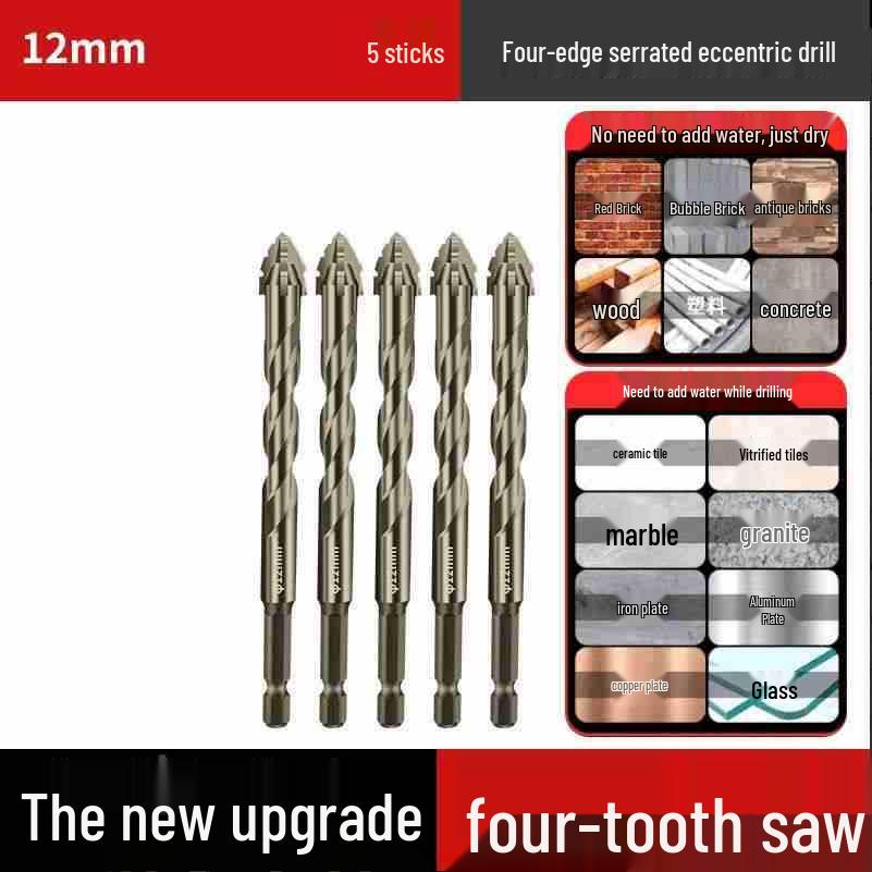 Durable Hexagonal Four-Flute Toothed Drill Bit for Ceramic, Cast Iron & Concrete