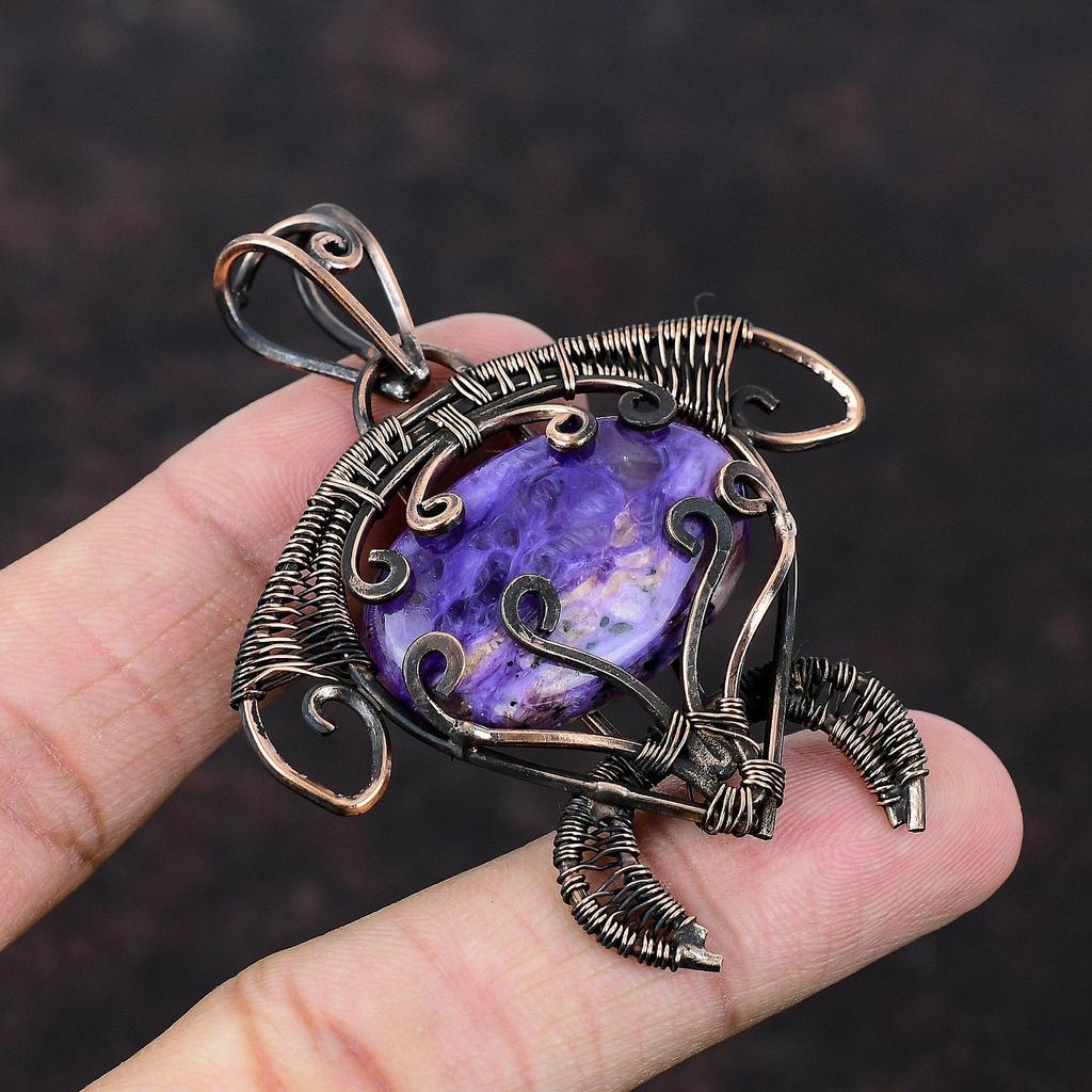 Кулон с чароитом, медная проволока, кулон, драгоценный камень, черепаха, кулон, удивительные медные украшения, кулон ручной работы, ювелирные изделия, завернутые в проволоку, для подарка