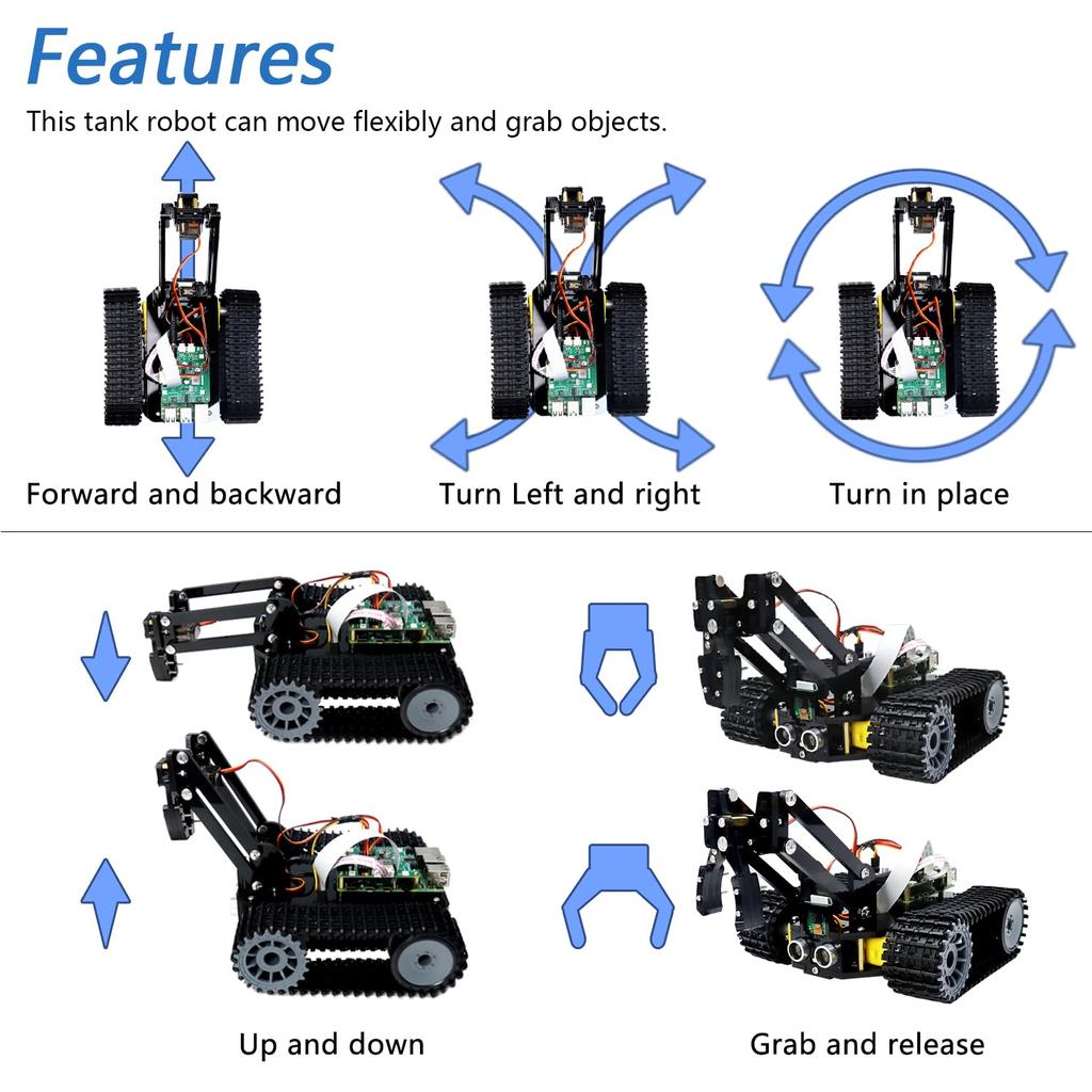 Freenove Tank Robot Kit for Raspberry Pi 5 4B Zero Crawler Object Ball Line Obstacle App Servo Pi Not 3B+ 2W, Chassis, Grasping, Tracking, Tracking,