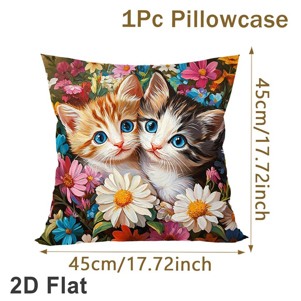 1pc Cat Throw Pillow Cover Cartoon Cat Flower Design Polyester Pillowcase, Cushion Cover for Home Couch Bed Living Room Sofa