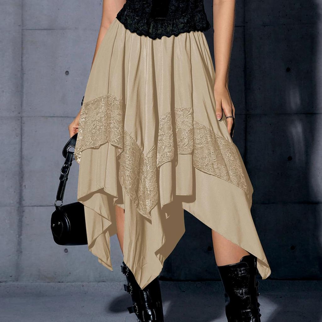 Women's Flowy Skirt Contrast Lace Layered Asymmetrical Midi Skirts