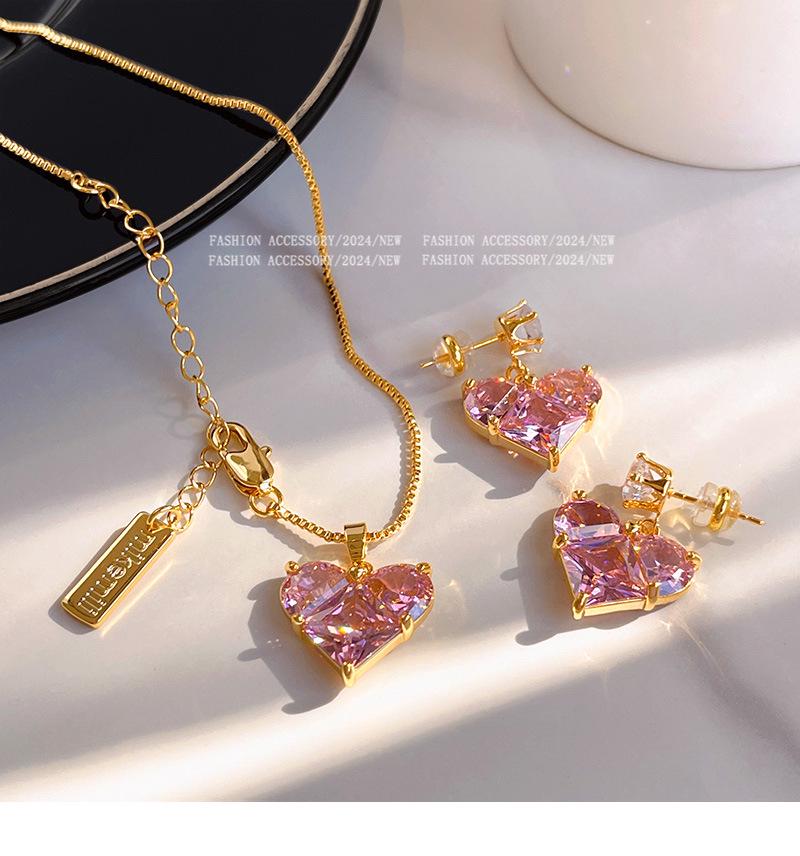 Комплект из позолоченных серебряных сережек в форме сердца и колье в форме сердца из циркония 5А для женщин