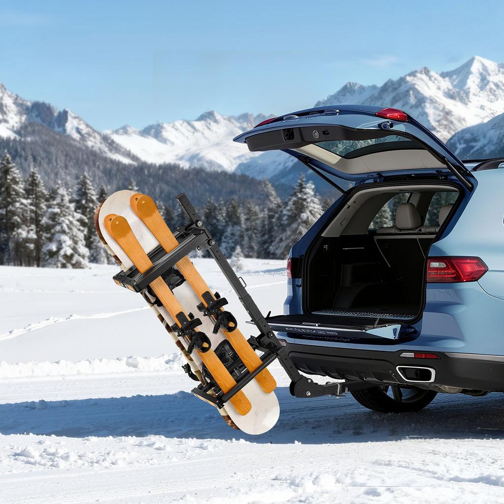 VEVOR Folding Hitch Mounted Ski & Snowboard Rack, Fits 50 mm Receiver, Carries up to 6 Pairs of Skis or 4 Snowboards