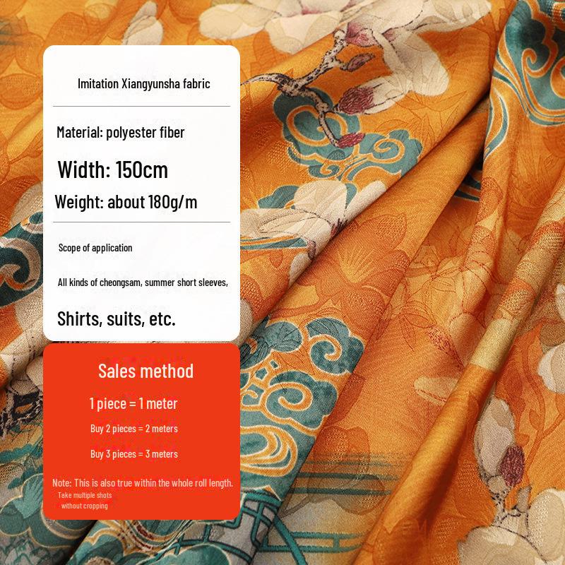 Luxurious Printed Imitation Silk Xiangyun Yarn Cheongsam Dress Fabric, Soft Chinese Tang Suit Fabric