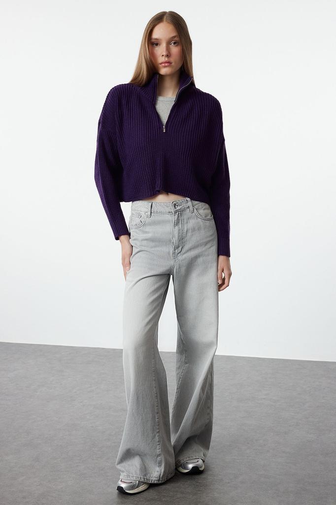 Женский свитер в элегантном стиле, суперукороченный трикотаж с застежкой-молнией и камнем