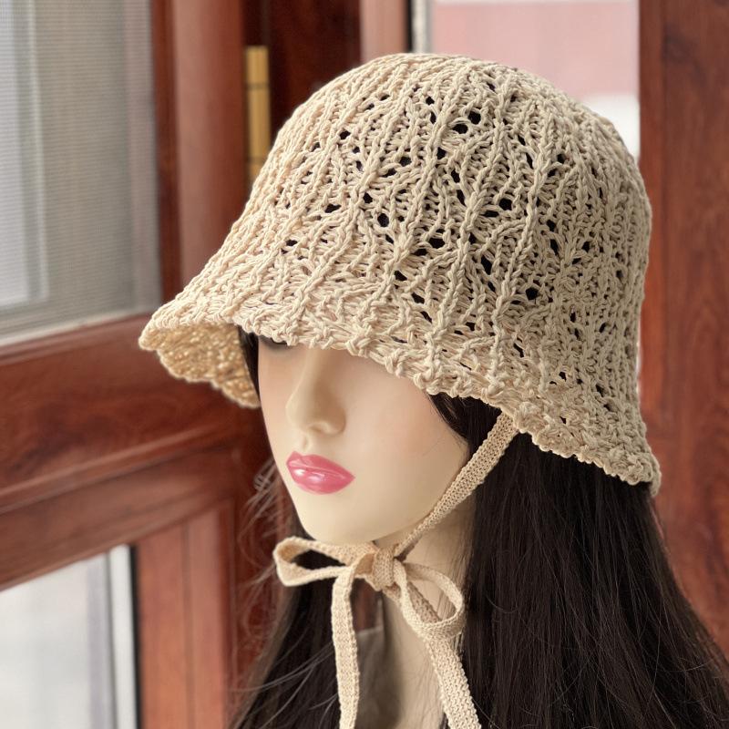 New handmade knitted sun hat women's summer versatile thin hollow face small lace-up bucket hat breathable basin hat