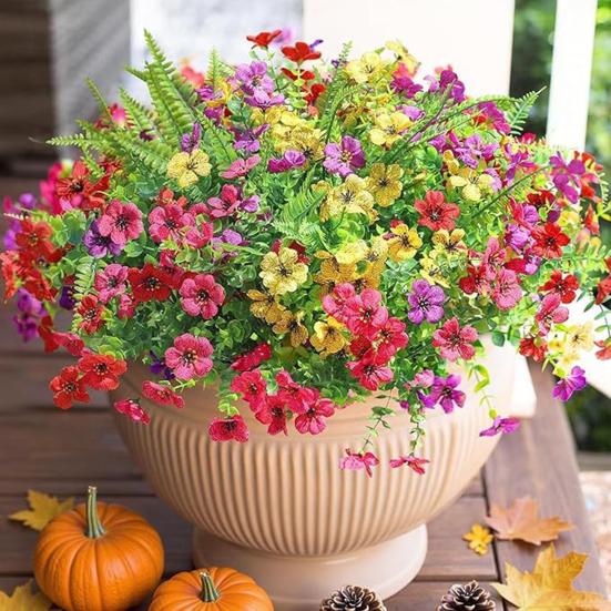 12 пучков искусственных цветов для улицы, разноцветная ипомея с эвкалиптом, устойчивый к УФ-излучению искусственный шелковый цветок для весны и лета, для дома, кашпо, крыльца