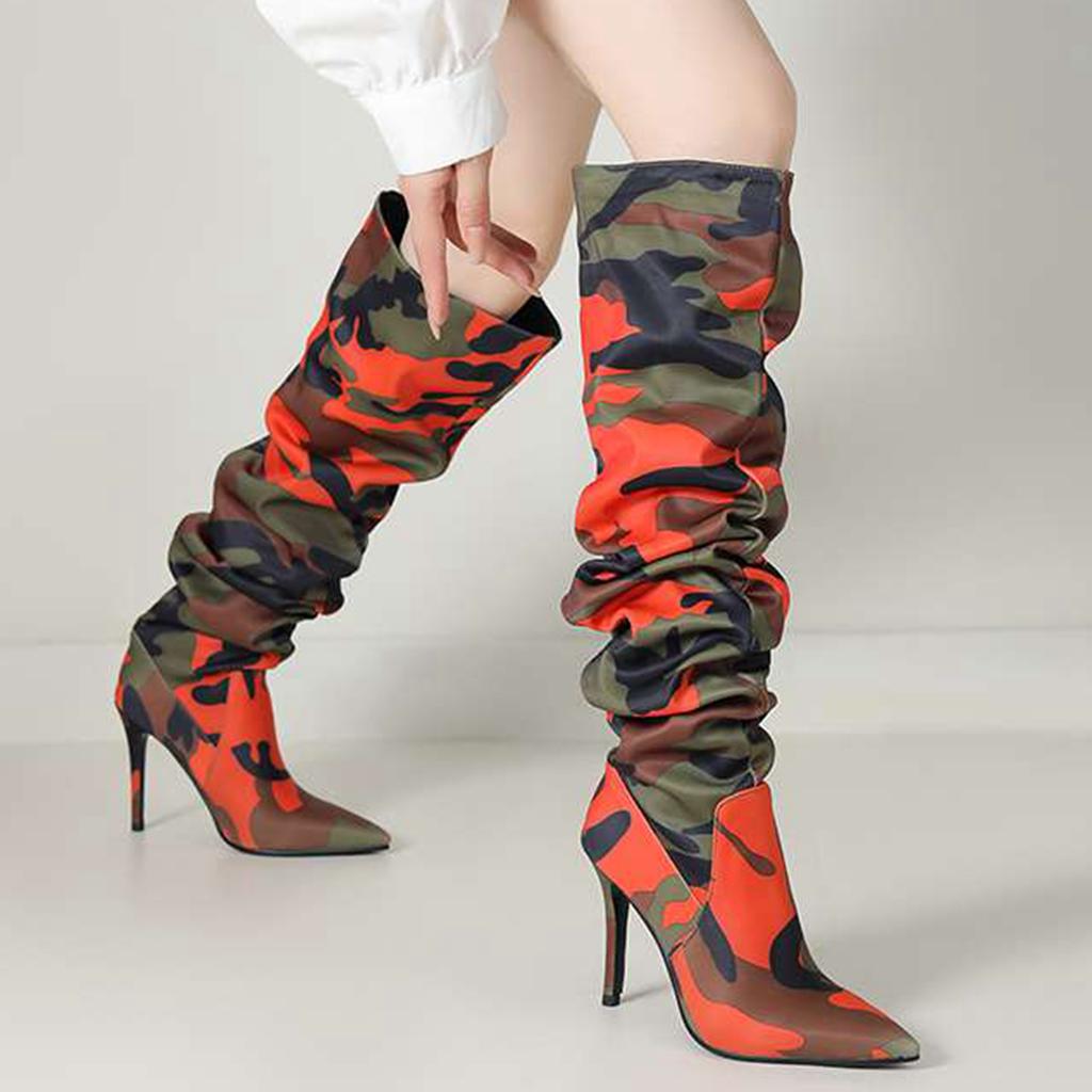 lenkisen Fabric Camouflage Pattern Autumn Winter Shoes Super Thin High Heels Pleated Boots European Keep Warm Over-the-knee Boots