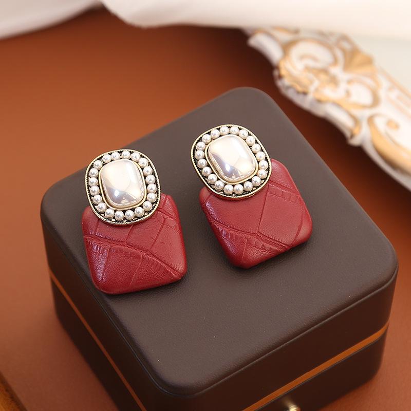 Новые винно-красные кожаные серьги с жемчугом, серьги в литературном ретро-этническом стиле, индивидуальные антикварные серебряные серьги-иглы