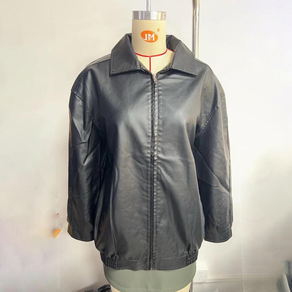 Осень-зима Женская приталенная куртка из искусственной кожи с воротником-лацканами и длинным рукавом на молнии