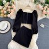 Autumn Retro Square Collar Temperament Bubble Sleeve Top Short High Waist Half-Body Skirt Celebrity Temperament Two-Piece Suit