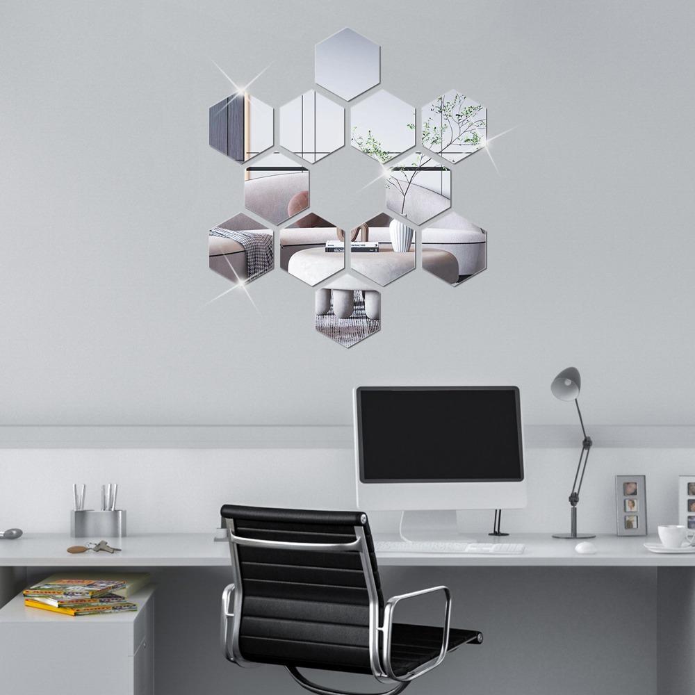 12pcs 3.15×2.76×1.57in Hexagon Mirror Wall Sticker Acrylic Self-adhesive Mirror Tile Office