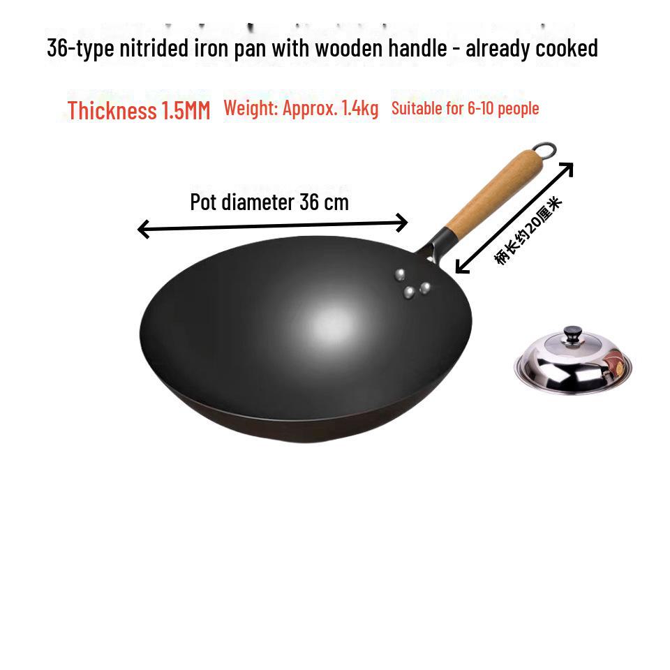 Nitrided Round Bottom Frying Pan: Old-Fashioned, Non-Stick, Rust-Resistant Iron Pot.