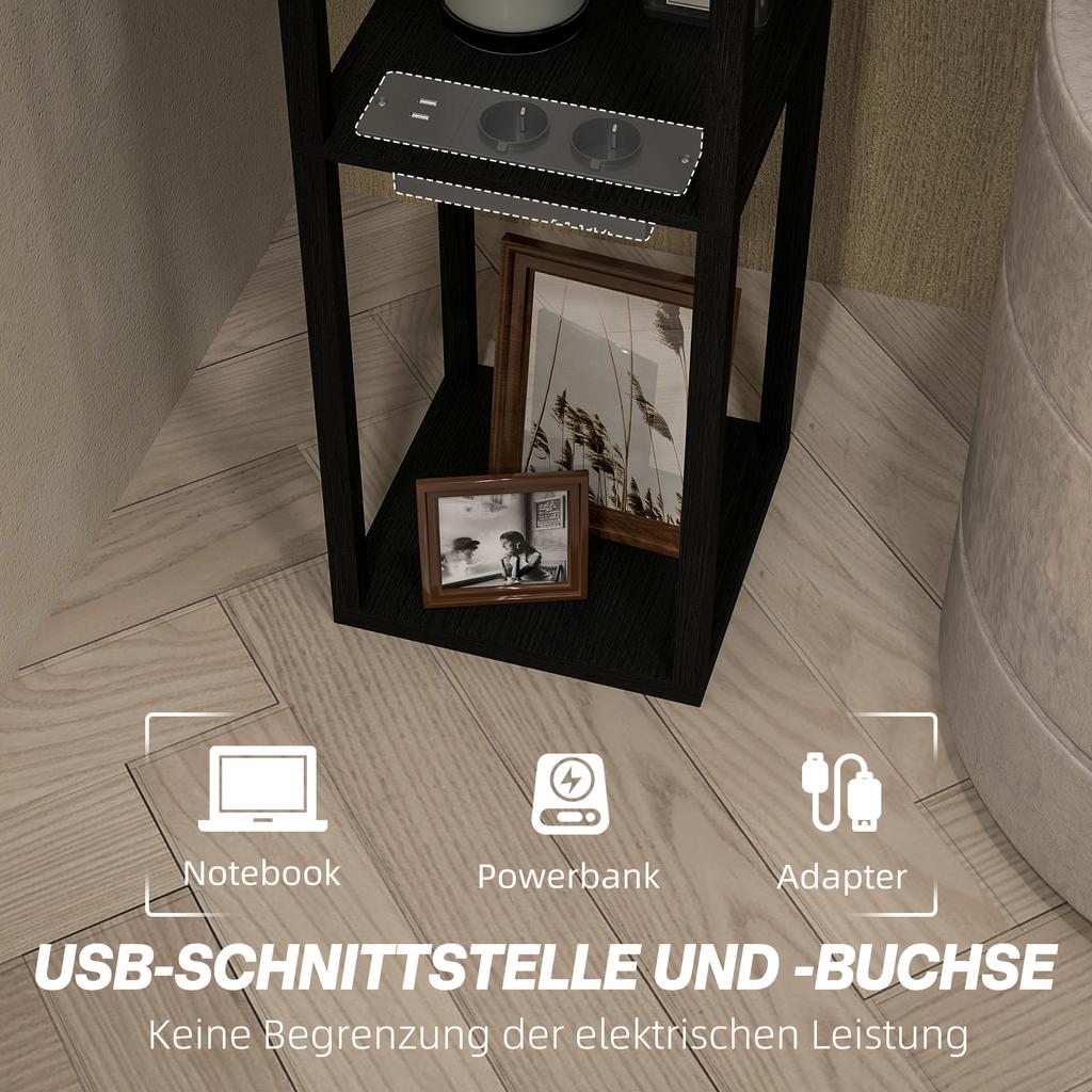 Floor Lamp With 3 Tier Shelf Foot Switch USB Ports MDF Black