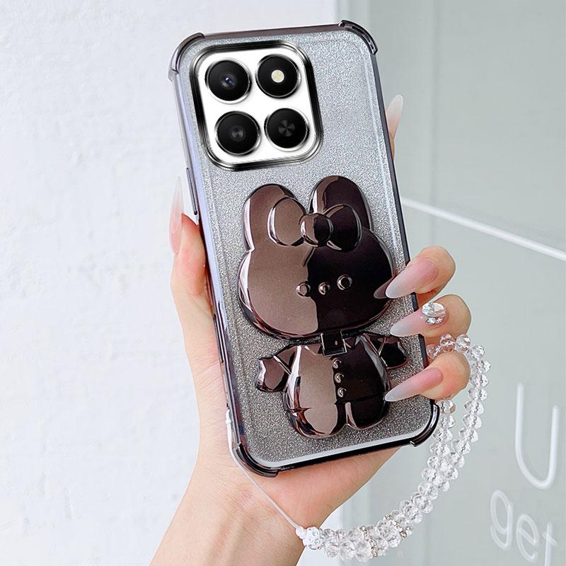 Luxury Shockproof Phone Case with Cute Rabbit Makeup Swivel Stand Crystal Lanyard For Honor 400 Smart 5G X7d Play 10T Back Cover