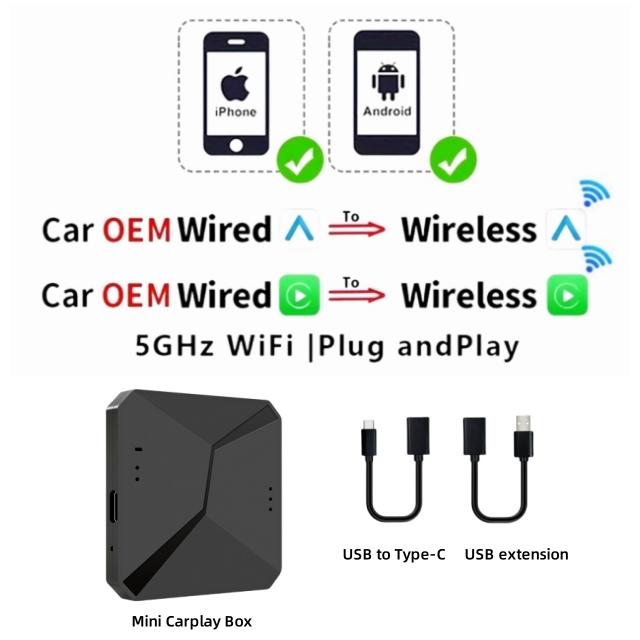 New Mini Wired To Wireless 2 In 1 AI Box Carplay 5G Wif & Bluetooth 5.0 Android Auto Plug and Play Non-inductive Connection