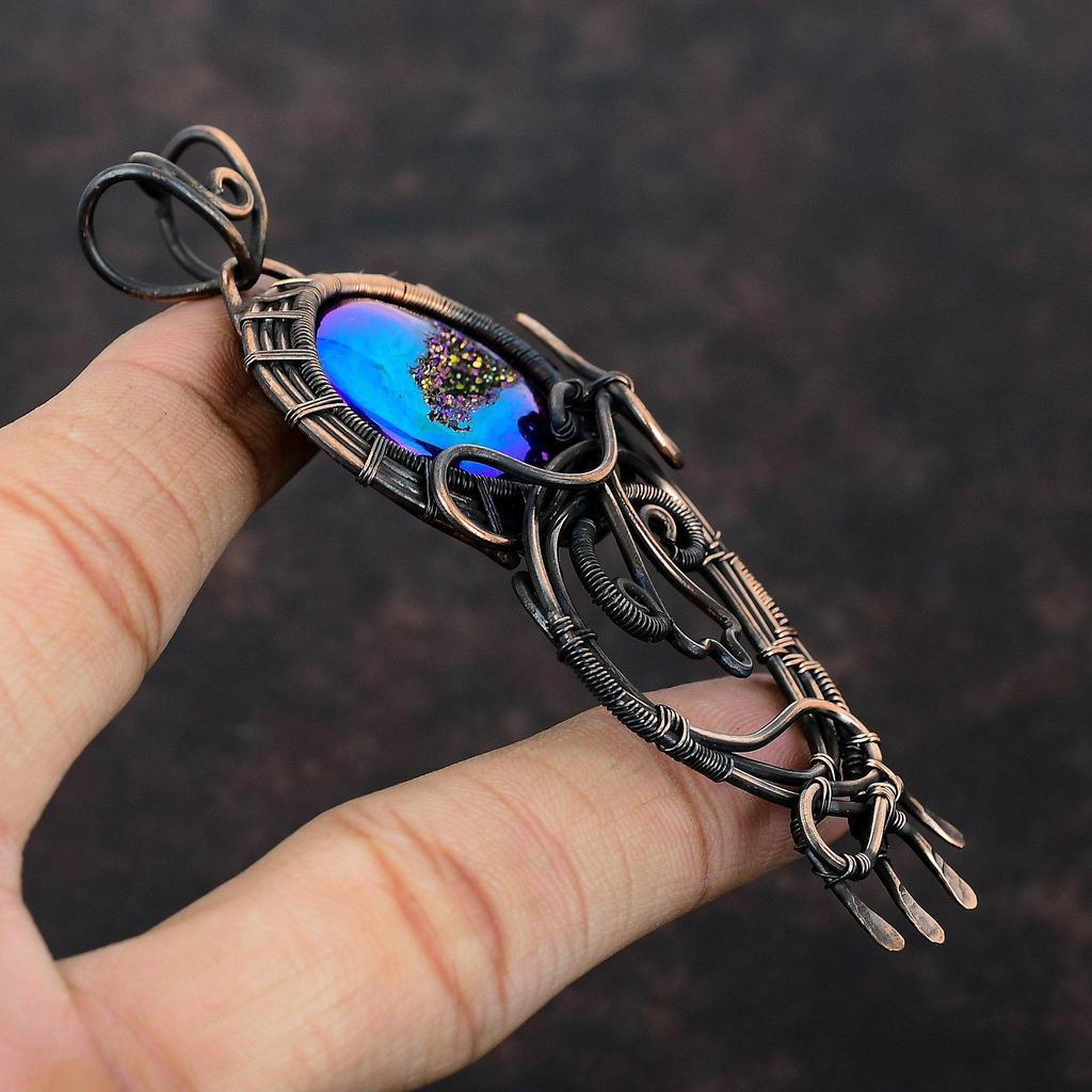 Titanium Druzy Pendant Copper Wire Wrapped Pendant Top Quality Gemstone Jewelry Handmade Pendant For Women Copper Wire Jewelry Gift For Him