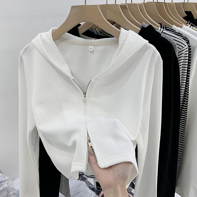 Женская облегающая куртка-кардиган с капюшоном - двойная молния, укороченный дизайн осень/зима