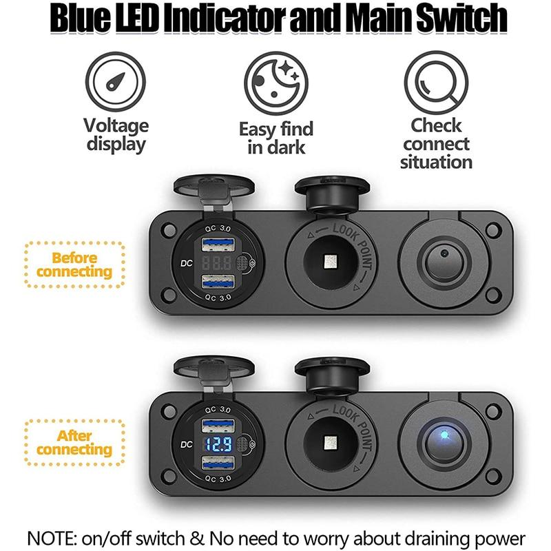 Гнездо питания из алюминиевого сплава Dual Quick Charge 3.0 с тумблером-переключателем и светодиодным вольтметром для автомобиля, лодки 12-24 В