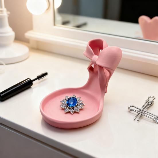 Розовая подставка для украшений в виде туфли-стилета, напечатанная на 3D-принтере, блюдо для украшений в виде туфли на высоком каблуке с бантом, держатель для женских колец и серег, подставка для демонстрации украшений для туалетного столика в спальне