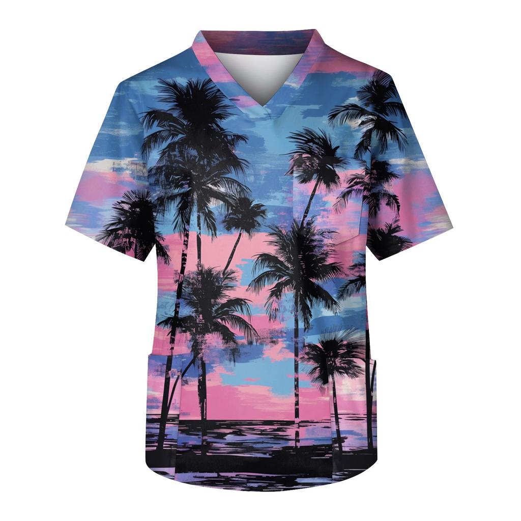 Men's Short Sleeve V-Neck Print Chest Pocket Care Top