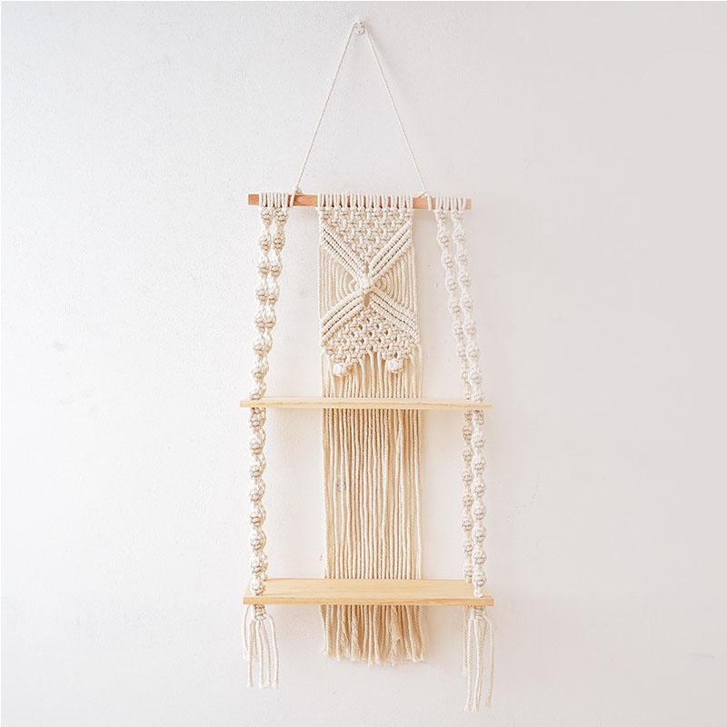 Настенный гобелен ручной работы в богемном стиле, деревянная полка, корзина для цветов, двухъярусная вешалка, настенные полки в технике макраме
