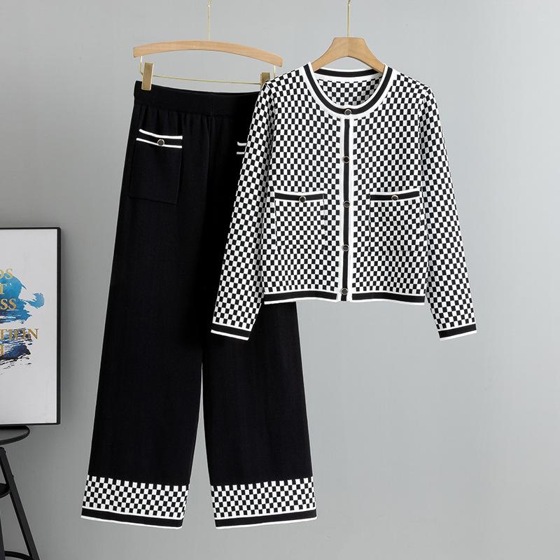 Women's Spring New Fashion Casual Plaid Sweater Wide Leg Pants Knit Two Piece Set