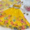 "Vibrant Yellow Floral Print Lehenga Choli Set with Dupatta"