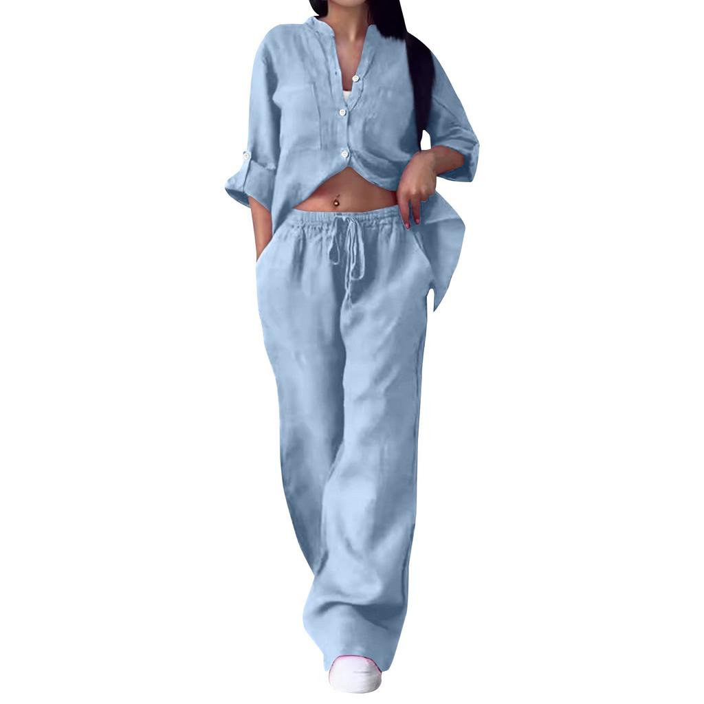 Women's 2-piece Casual Cotton And Linen Solid Color Shirt And Drawstring Wide Leg Pants Set