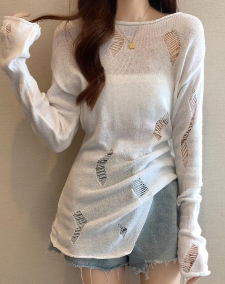 Kpop Grunge ажурный серый свитер женский Harajuku однотонный разделенный рваный вязаный джемпер весенние топы с длинными рукавами пуловер