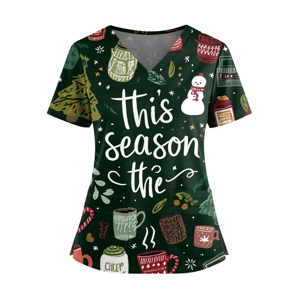 Women's Christmas Print V-Neck Double Pocket Short Sleeves Hem Slit Uniform And Caregiver Top