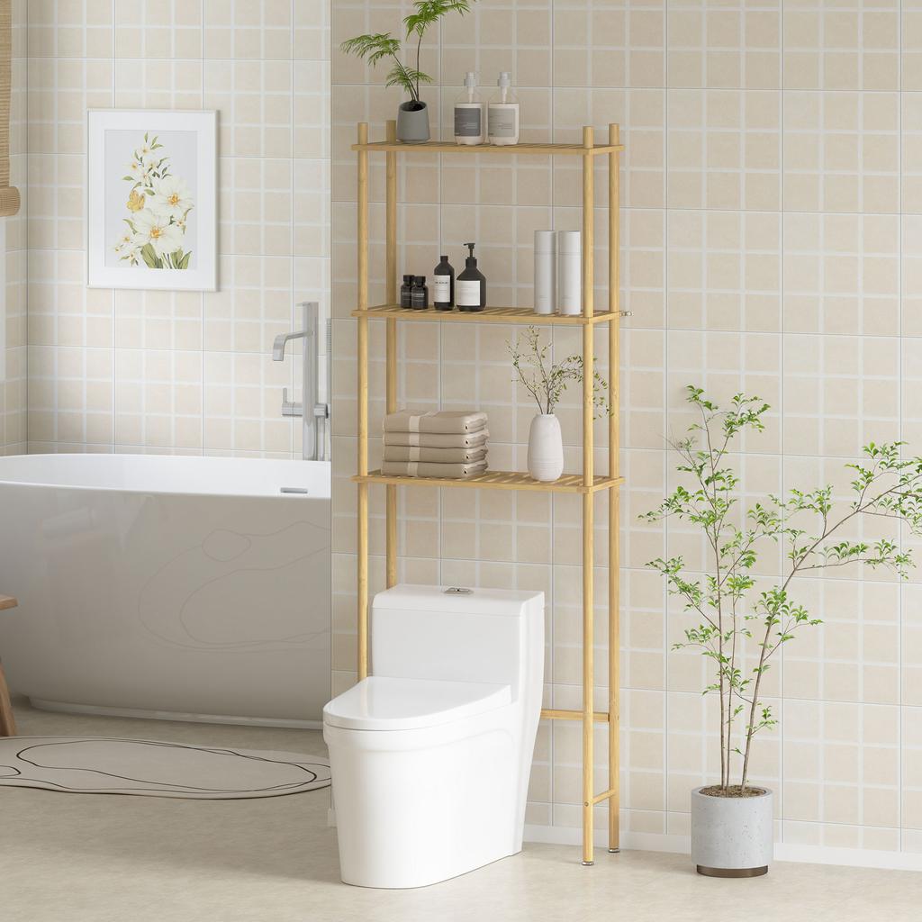Space-Saving Over-Toilet Cabinet with 3 Slatted Shelves in Bamboo, 63.5x25.5x181 cm, Wood Color