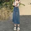 Весна-лето, джинсовая юбка А-силуэта с высокой талией, повседневное прямое женское длинное платье с разрезом сзади сбоку