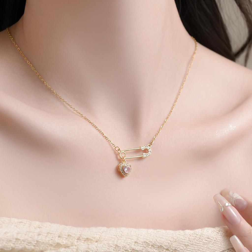 Женское ожерелье с подвеской в виде сердца и булавки из циркона - Роскошная цепочка из титановой стали